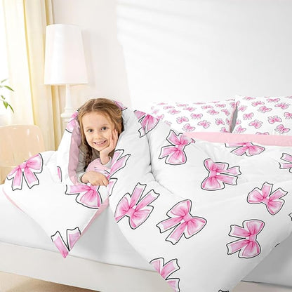 Erosebridal Princess Bow Bedding Set Toddler for Girls Pink Bows Comforter Set for Kids Teen Girls Women Bedroom Preppy Bowknot Comforter Trendy Aesthetic Coquette Quilt Duvet