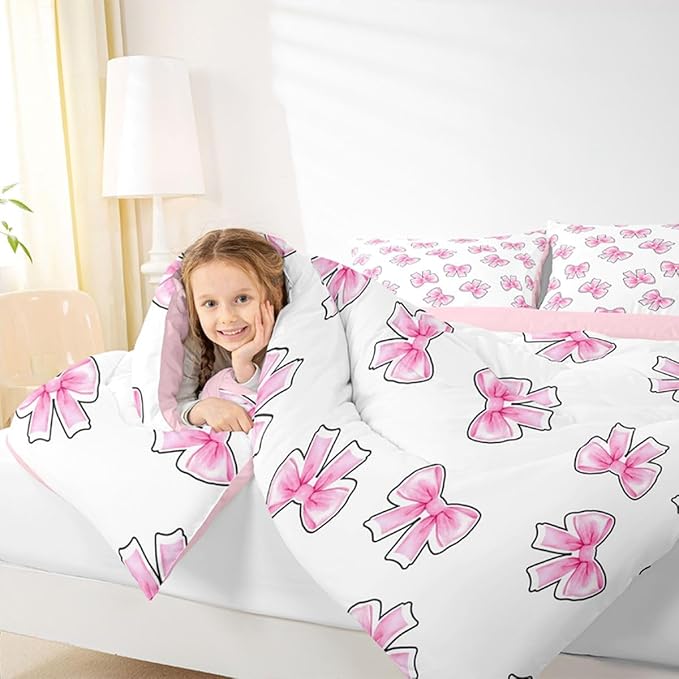 Erosebridal Princess Bow Bedding Set Queen for Girls Pink Bows Comforter Set for Kids Teen Girls Women Bedroom Preppy Bowknot Comforter Trendy Aesthetic Coquette Quilt Duvet