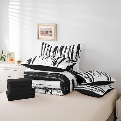 Erosebridal 7Pcs Black and White Boho Full Comforter Set,Geometric Striped Abstract Bed in A Bag for Women Men Teens,Modern Art Aesthetic Bedding,White and Black Ink Quilt Set with Pillowcases
