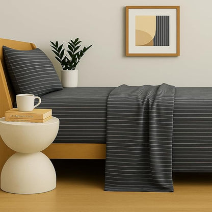 Peru Pima 415 Thread Count Percal California King Sheet Set - 100% Peruvian Pima Cotton, 4 Piece (Flat, Fitted, 2 Pillowcases) - Cooling, Deep Pocket, Hotel Quality Bedding - Pinstripe Grey