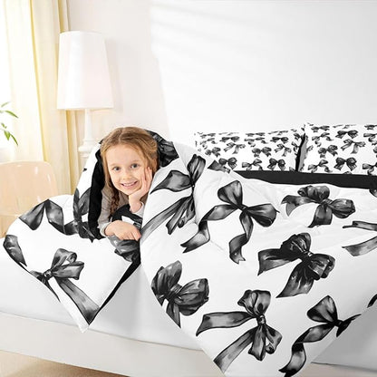 Erosebridal Bow Comforter Set Full Black and White Bowknot Bedding Set for Kids Teen Adults,Modern Simple Fashion Aesthetic Comforter Sets Black Watercolor Butterfly Knot Quilt Duvet