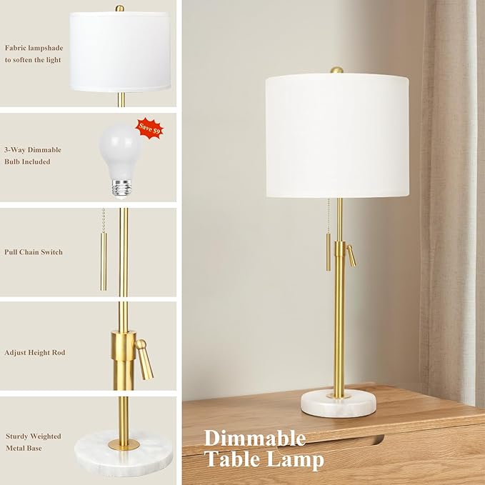 Table Lamps for Bedrooms Set of 2, 22" to 30" Height Adjustable Nightstand Lamps with Linen Shade, Pull Chain Switch Lamps for Living Room, 3 Way Dimmable Beside Lamp