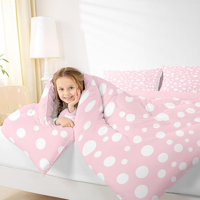 Manfei White Polka Dots Comforter Set Full Size,Geometric Circles Pink White Simple Girly Bedding Set for Child Young,Princess French Style Cute Dots Print Comforter,3 Pcs 2 Pillowcases