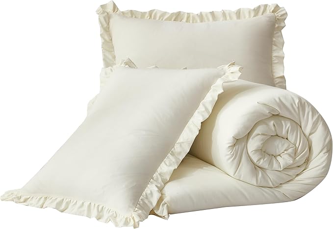 Chezmoi Collection Nora Ivory Comforter Set Oversized Queen 3-Piece Lightweight Soft Stone-Washed Ruffled Shabby Chic Bedding for All Season