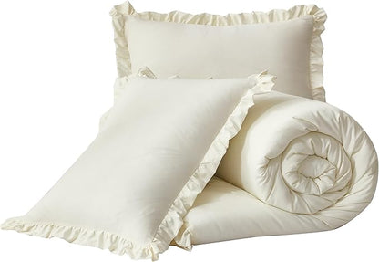Chezmoi Collection Nora Ivory Comforter Set Full Size 3-Piece Fluffy Soft Stone-Washed Ruffled Shabby Chic Bedding for All Season