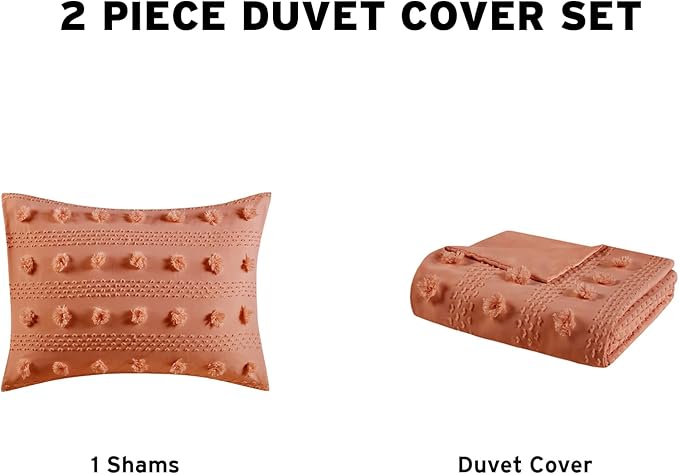 Intelligent Design Twin Duvet Cover Set, Clipped Jacquard Duvet Set Chic Pompoms Accent, All Seasons Lightweight Microfiber Bed Cover for Comforter with 1 Sham, Lucy, Twin/Twin XL Rust 2 Piece
