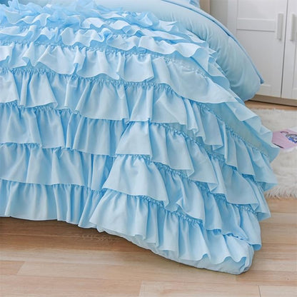 Holawakaka Light Blue Waterfall Ruffle Comforter Set, Full Size Shabby Chic Ruffled Bedding Set for Girls Women, Kids Teens Ruched Dorm Bed Set 3 Pieces