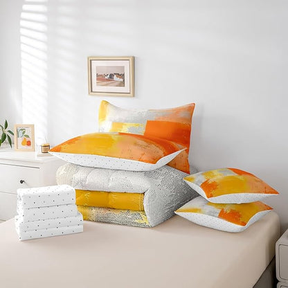 Erosebridal White Gray Orange Bedding Full Size 7-Piece Oil Painting Comforter Set, Ombre Gradient Bed in a Bag with Flat Sheet and Fitted Sheet Graffiti Abstract Bedding Comforter Sets