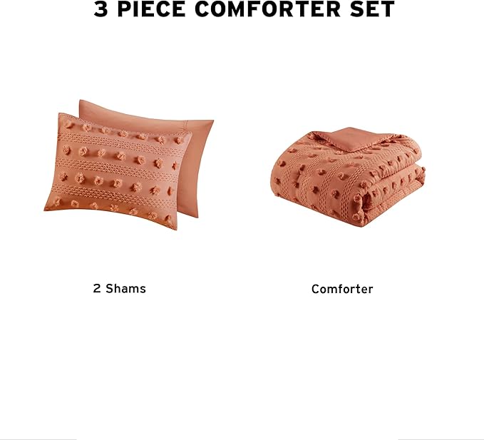 Intelligent Design King Comforter Set, Clipped Jacquard Comforter Set Chic Pompoms Accent, All Seasons Lightweight & Fluffy Comforter Bed Set with 2 Shams, Lucy, King/Cal King Rust 3 Piece