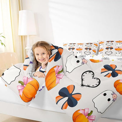 Erosebridal Fall Pumpkin Comforter Set Queen, Halloween Ghost Bedding Set, Bow Comforter for Kid Girls Teens Women Kawaii Room Decor, Black Love Heart Quilt with 2 Pillowcases