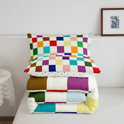 Feelyou Colorful Checkered Retro Bedding Set Kids Boys Girls Modern Geometric Cute Comforter Set King Size Beige Colorful Duvet Insert Vintage Simple Groovy Aesthetic Room Decor