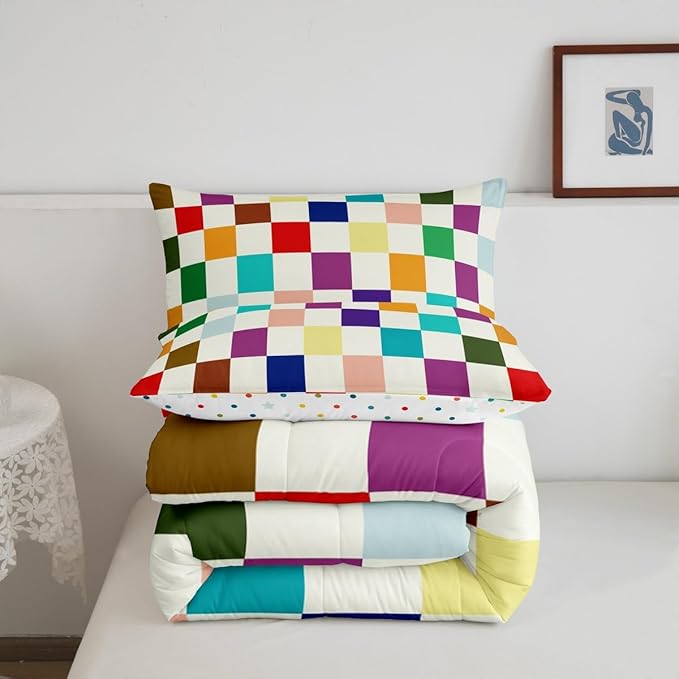 Feelyou Colorful Checkered Retro Bedding Set Kids Boys Girls Modern Geometric Cute Comforter Set Toddler Size Beige Colorful Duvet Insert Vintage Simple Groovy Aesthetic Room Decor