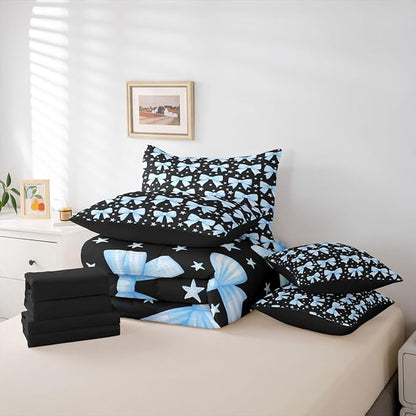 Erosebridal Bow Girls Black Blue Cute Comforter Set Queen Size 7 Pieces | Dreamy Y2K Bed in A Bag Bowknot Kawaii Bed Set Starry Princess Bedding