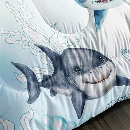 Boys Blue Ocean Shark Comforter Set Twin Size Shark Starfish Bedding Sets Seaweed Quilt Bed Set for Kid Girls with 1 Comforter and 2 Pillowcases