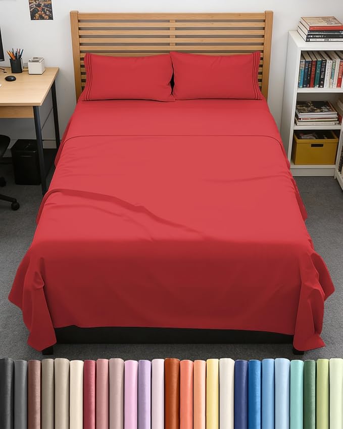 Full XL Size 4 Piece Sheet Set - Comfy Breathable & Cooling Bed Sheets Set - Hotel Luxury Bedding for Women, Men, Kids, Teens, Boys & Girls - Deep Pockets, Ultra-Soft, Wrinkle Free - Oeko-Tex - Red