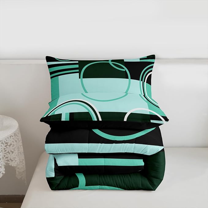 Retro Green Grey Black Comforter Queen Size Swirls Gromment Bedding Set for Kids Teens Adult Abstract Circles Rings Quilt Geometric Grid Duvet Insert Graphic Texture Quilted Comforter