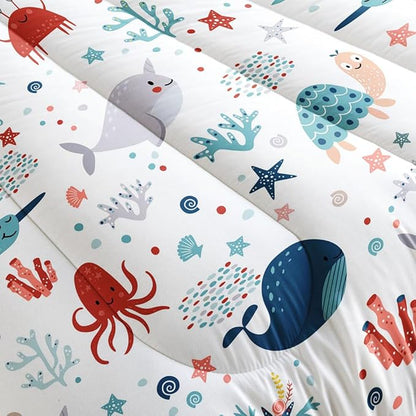 Kids Turtle Comforter Set Twin Beach Theme Dolphin Starfish Seaweed Bedding Set Sea Animal Octopus Reptile Bed Set with 2 Pillowcases for Boys Girls Room Decor