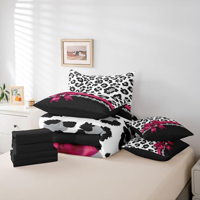 Feelyou Grey Leopard 7 Piece Bedding Set King Size Plum Red Bowknot Comforter Set with Sheets for Kids Girls Women Diamond Bed in a Bag Animal Print Bed Set