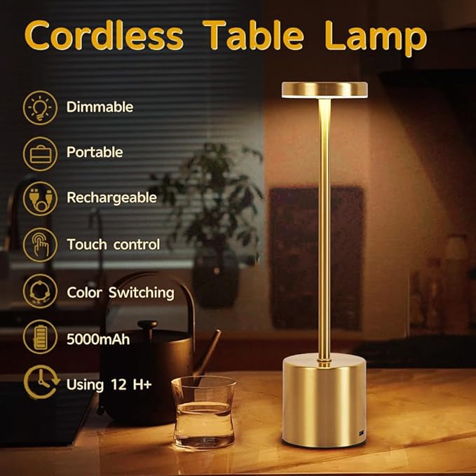 2 Pack LED Rechargeable Cordless Table Lamps,Portable Outdoor 5000 mAh Battery Operated Table Light Touch Control 3 Color Dimmable Touch Lamp for Patio/Cofee/Restaurant/Camping/Dining/Bedroom-Gold