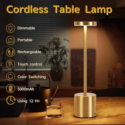 2 Pack LED Rechargeable Cordless Table Lamps,Portable Outdoor 5000 mAh Battery Operated Table Light Touch Control 3 Color Dimmable Touch Lamp for Patio/Cofee/Restaurant/Camping/Dining/Bedroom-Gold