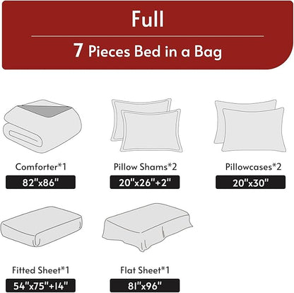 MUXHOMO 7 Pieces Full Comforter Set, Reversible Bed in a Bag Full Size, All Season Bedding Set with Comforter, Flat Sheet, Fitted Sheet, Pillowcases & Shams, Burgundy & Rose Gold