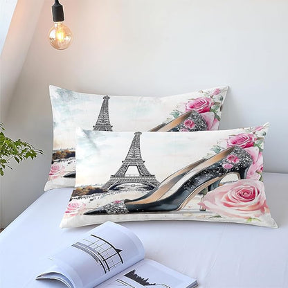Eiffel Tower Comforter Set Full Size, Pink Rose High Heels Bedding Set, 3 Pieces Watercolor Bedroom Decor with 2 Pillowcases/79 * 90