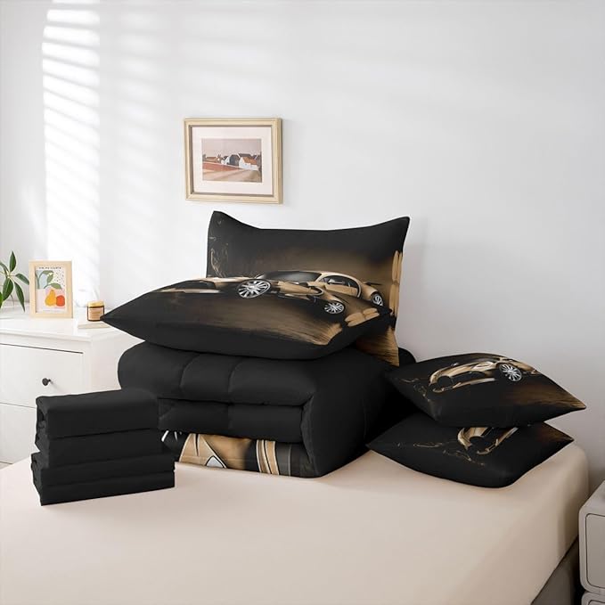 Feelyou Sports Car 7 Piece Bedding Set Brown Race Car Comforter Set with Sheets for Kids Boys Girls Extreme Sports Bed in a Bag Cool Speed Luxury Car Decor Quilt with 2 Pillowcases King