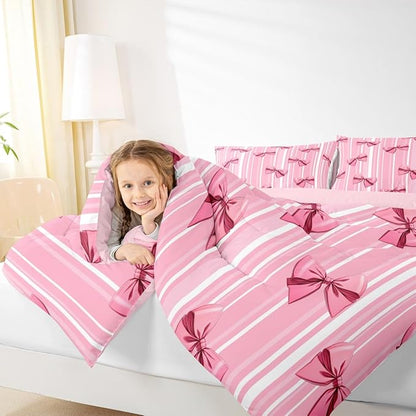 Erosebridal Pink Bowknot Bedding Set for Girls Bedroom, Dreamy Princess King Size Comforter Set, Cute Bow Girly Down Comforter, Kawaii Stripes Quilt,Lightweight Bedroom Decor