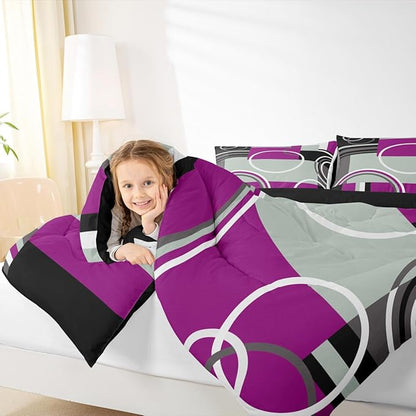 Erosebridal Modern Purple Black Gray Bedding Sets Twin Geometric Circles Swirls Comforter Abstract Striped Quilted Duvet Chic Plaid Checkered Duvet Insert Stylish Texture Down Comforter All Season