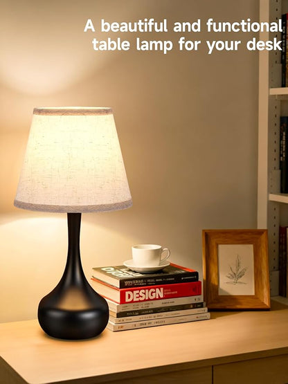 3-Way Dimmable Touch Table Lamps for Nightstand - Small Bedside Lamps with Fabric Shade in Black, Farmhouse Style Desk Lamp for Bedroom, Kids Room, Living Room, Home Office & Reading (Black)