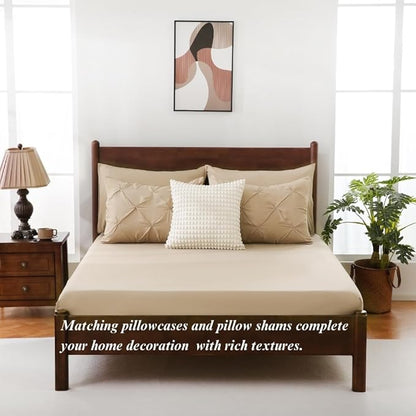 Sheet&Joy Queen Comforter Set, 7-Piece Bed in a Bag, Pintuck Bedding Sets for All Season, Includes Comforter, Flat Sheet, Fitted Sheet, Pillowcases and Pillowshams, Khaki
