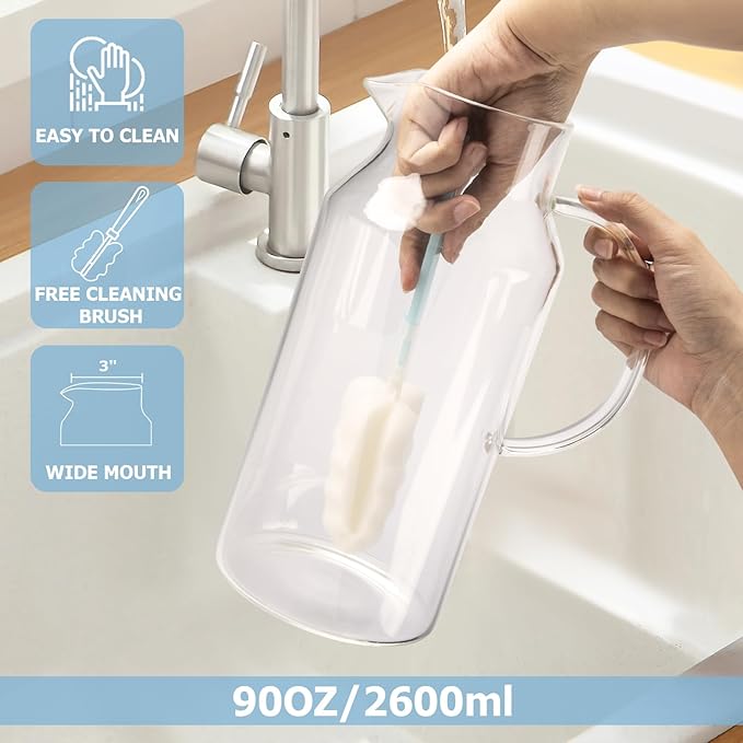 Yirilan Glass Pitcher, 90 oz/2.6 Liter Water Pitcher with Lid, Large Juice Pitchers for Drinks, Glass Water Carafe,Glass Tea Jug,Beverage Pitcher Transparent