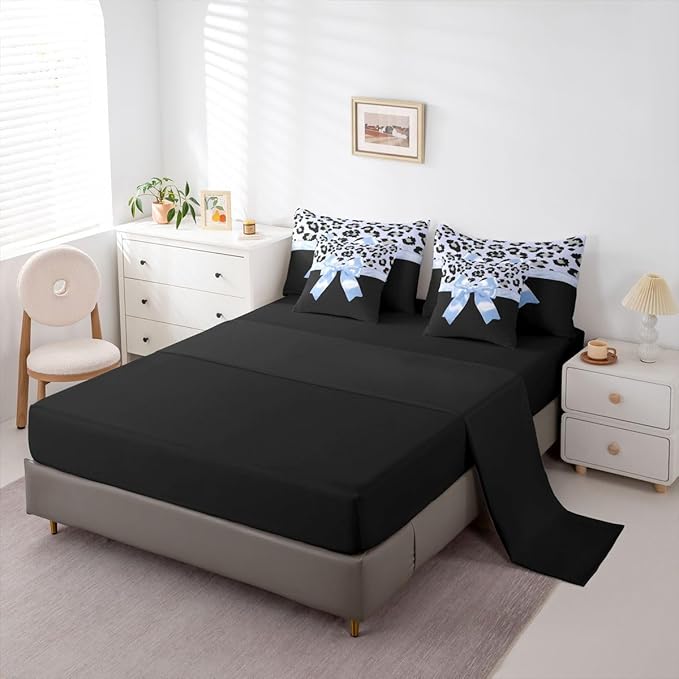 Feelyou Blue Silk Bowknot 7 Piece Bedding Set Twin Size Grey Leopard Comforter Set with Sheets for Kids Girls Women Black Blue Bed in a Bag Sweet Romantic Bed Set