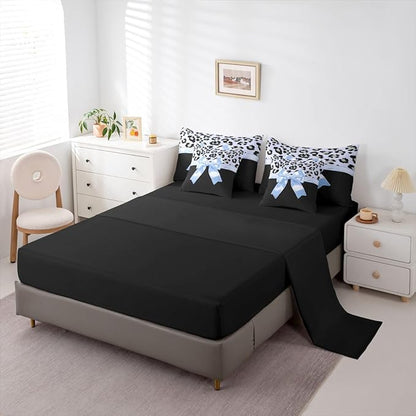 Feelyou Blue Silk Bowknot 7 Piece Bedding Set Twin Size Grey Leopard Comforter Set with Sheets for Kids Girls Women Black Blue Bed in a Bag Sweet Romantic Bed Set