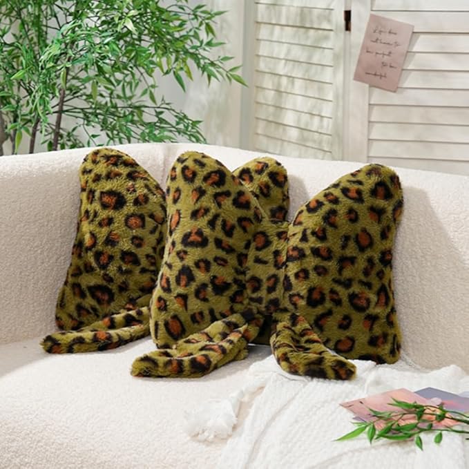 2Pcs Leopard Print Bow Throw Pillow Furry Bow Plush Pillows Cute Flower Plush Pillow Cheetah Home Decor Stuffed Bow Lumbar Pillow for Bed Couch Living Room Decor (Green, 16in)