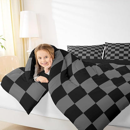 Feelyou Checkered Retro Comforter Set All Season Black Grey Plaid Bedding Set with 2 Pillow Cases Geometric Vintage Kids King Bedclothes Modern Simple Groovy Aesthetic Bedroom Decor Duvet Quilt