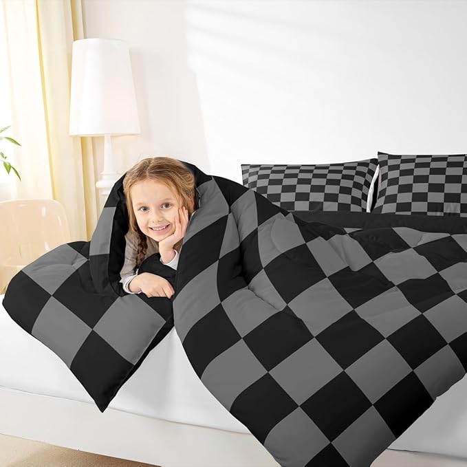 Feelyou Checkered Retro Comforter Set All Season Black Grey Plaid Bedding Set with 2 Pillow Cases Geometric Vintage Kids Full Bedclothes Modern Simple Groovy Aesthetic Bedroom Decor Duvet Quilt