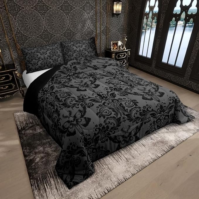 Feelyou Adults Gothic Comforter Set Twin Size Dark Olive Green Damask Comforter Death Moth Bohemia Boho Bedding Set Goth Skull Duvet Set Vintage Victorian Baroque Floral Quilt Set 2Pcs
