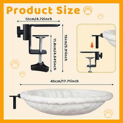 Desk-Mounted Cat Hammock Bed, Clamp-On Pet Perch, Soft Faux Fur, No-Drill Install, Washable Pad, 16.5" Round, Supports 50 lb, Space-Saving Home Office