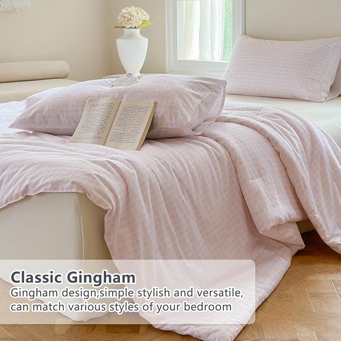 NSNLGSGC Pink Gingham Cotton Comforter Set Queen, 100% Washed Cotton Plaid Checked Comforter Bedding, 3 Pieces Vintage Farmhouse Grid Bedding Set(Pink Gingham, Queen)