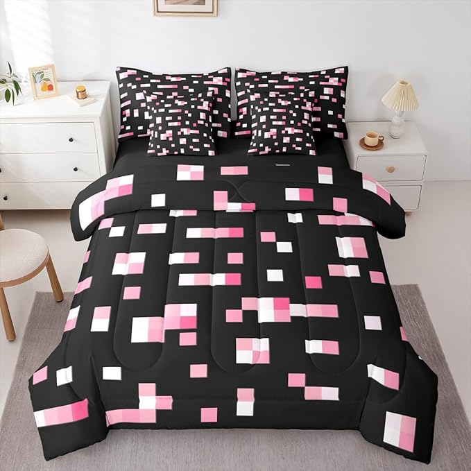 Castle Fairy Pink Geometric Grid 7 Piece Comforter Set Queen Size,Miner Theme All Season Reversible Bed in a Bag Geometric Grid Bedding Sets Pixelated Style Flat Sheet,Fitted Sheet,Pillowcases