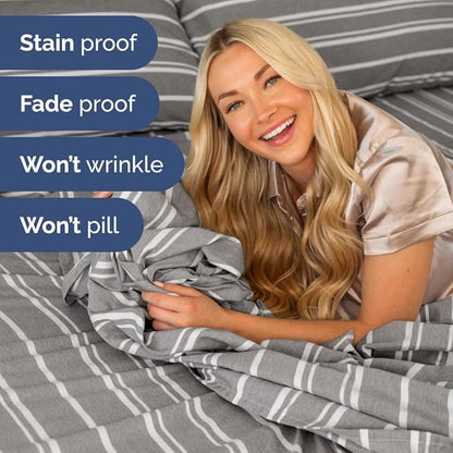 Short Queen RV Size 4 Piece Sheet Set - Comfy Breathable & Cooling Bed Sheets Set - Hotel Luxury Bedding for Women, Men, Kids, Teens, Boys & Girls - Deep Pockets, Ultra-Soft, Oeko-Tex - Grey Stripes
