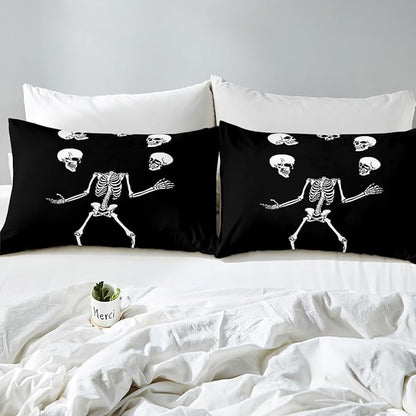Erosebridal Juggling Skeleton Twin Bedding Set, Halloween Juggling Skull Comforter Set for Kids Boys Teens Men Horror Halloween Decor, Gothic Skull Comforter, Black Quilt 2 Piece