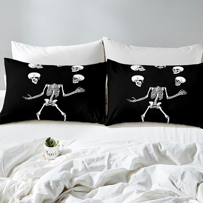 Erosebridal Juggling Skeleton Bedding Set Full, Halloween Juggling Skull Comforter Set for Kids Boys Teens Men Horror Halloween Decor, Gothic Skull Comforter, Black Quilt 3 Piece