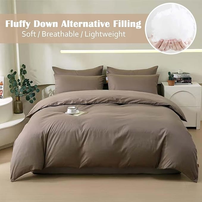 Nanko Queen Size Comforter Set Brown, All Season Soft Down Alternative Duvet Insert, Microfiber Filling Bed Sets, Modern Farmhouse Bedding Sets in a Bag for Women Men 90 x 90 inch 3 PCS Dark Coffee