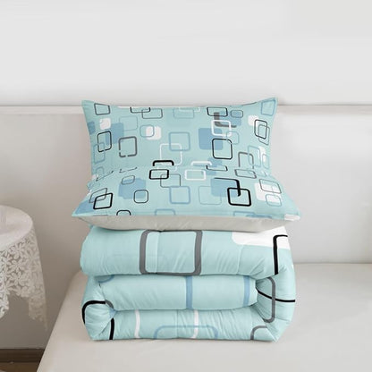 Erosebridal Aqua Geometric Square Bedding Set King Modern Stripes Aesthetic Comforter Set for Kids Girls Boys Modern Gradient Ombre Down Comforter Soft Teal Grid Quilt Duvet