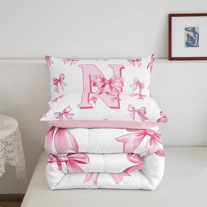 Erosebridal Initial Letter N Bedding Comforter Sets Pink Monogrammed Bowknot Comforter Set Queen,Dreamy Princess Bow Bedding Set for Kids Girls Teen Women,Cute Girly Bowknot Quilt Duvet