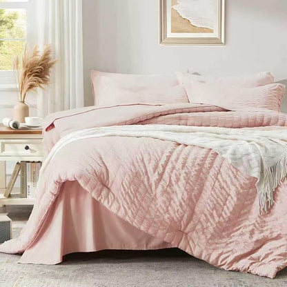 Zzlpp Queen Comforter Set 7 Pieces, Pink Seersucker Bed in a Bag with Comforter and Sheets, All Season Bedding Sets with 1 Comforter, 2 Pillow Shams, 2 Pillowcases, 1 Flat Sheet