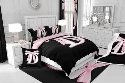 jejeloiu Kids Girls Black Pink Bow Comforter Set with Sheets Twin Size Monogrammed 7 Piece Bedding Set Personalized Initial D Bed in a Bag with Comforter, Sheets,Pillowcases Modern Fashion Bed Set