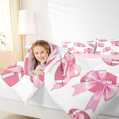 Bowknot Football Comforter Set Full Size,Pink Bow Knot Print Bedding Sets 3Pcs for Kids Girls Women Room Decor,Ball Sport Games Theme Duvet Insert Cute Cartoon Girly Down Comforter,2 Pillowcases